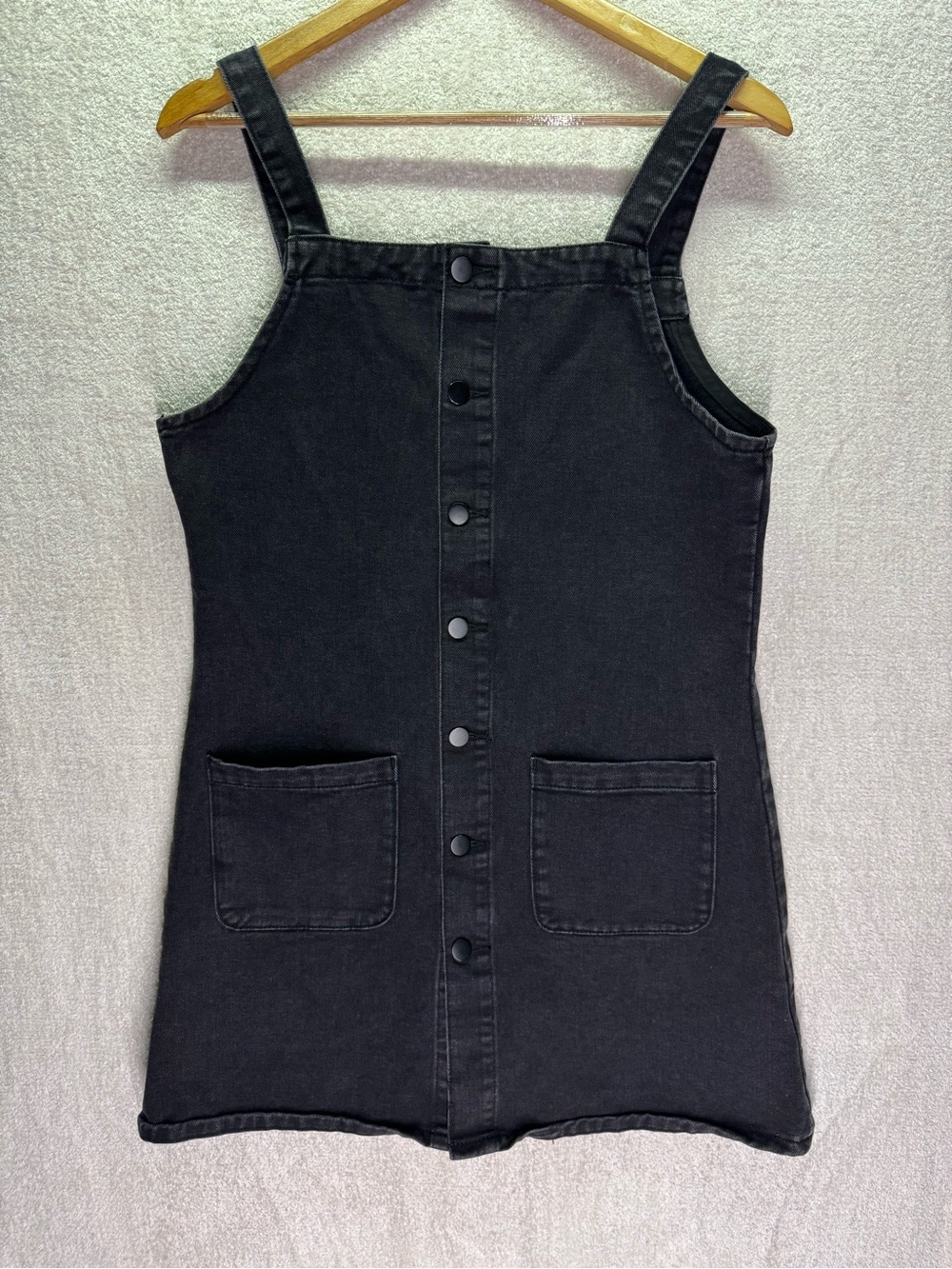 Mikarose Womens Denim Pinafore Mini Dress Small Black Button Front Overall Dress